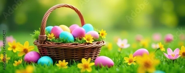 Obraz Wicker basket overflowing with colorful eggs, nestled amongst vibrant spring flowers on lush green grass , celebration, design