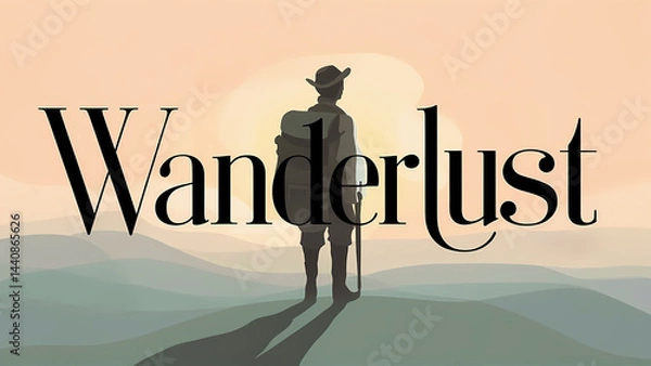 Fototapeta Wanderlust text written on abstract background with traveller, travel theme poster template, graphic design illustration wallpaper