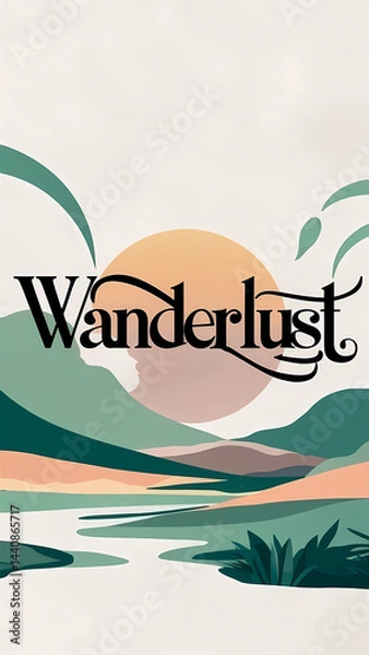 Fototapeta Wanderlust text written on abstract retro background, travel theme poster template, graphic design illustration wallpaper