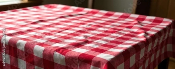 Obraz Classic red & white gingham tablecloth on aged wood , design, still life