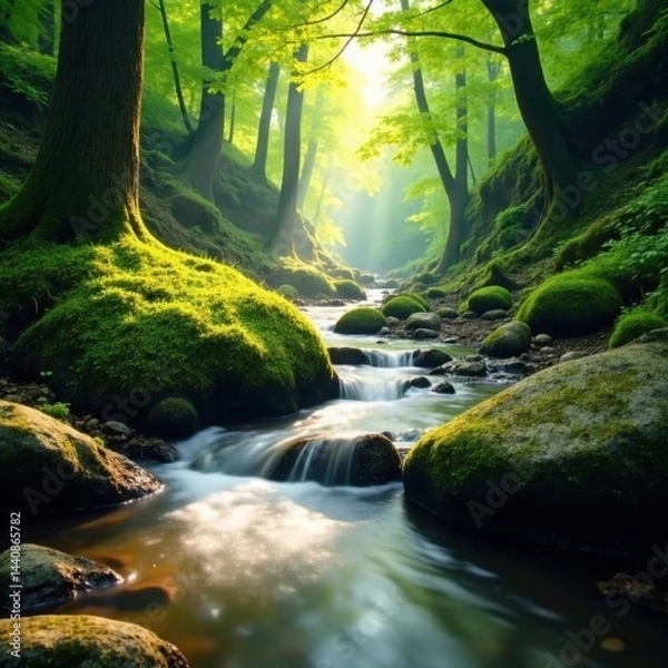 Obraz Sun-dappled forest stream, moss-covered rocks , fall, serene, spring