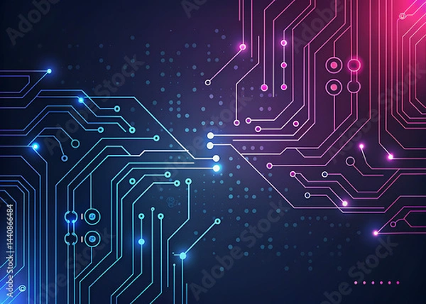 Fototapeta Abstract digital circuit board illuminated with glowing lines and lights.