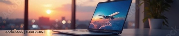 Obraz Laptop open on table, airplane taking off in background, jet, departure, flying
