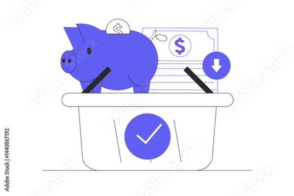 Fototapeta Income, savings, investment. Symbol of wealth, Business success. Cart, Piggy bank with money, coins. Moneybox. Flat Cartoon Vector Illustration, icon. Stylish abstract design landing page