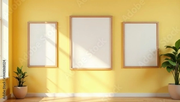 Obraz Several empty wooden picture frames hang on a sun-drenched beige wall , picture frames, shadow