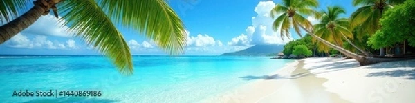 Obraz Crystal clear water, white sand beach, palm trees swaying gently, luxury, sun, calm