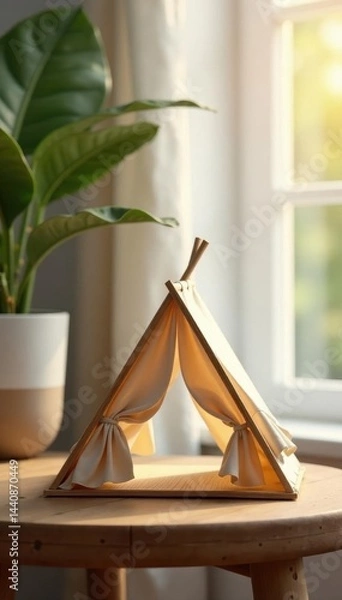 Obraz Wooden table with miniature tent, ample space, product display, stock, wooden table