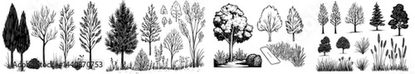 Fototapeta A set of black silhouette illustrations featuring diverse trees, plants, and flowers suitable for designs and backgrounds with a nature theme