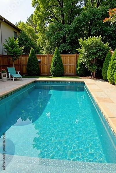 Obraz Clean lines, tan coping, fenced backyard pool, swimming, new