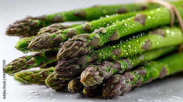 Obraz a fresh bunch of green asparagus with water droplets on a white isolated background, healthy and fresh design