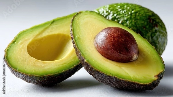 Obraz a fresh, vibrant avocado sliced in half with a smooth seed inside on a white isolated background, healthy and creamy design