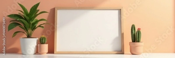 Obraz Clean desk, empty frame mockup, small cactus, bright backdrop, visual, minimal
