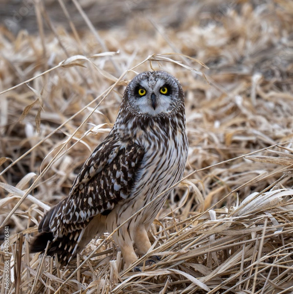 Fototapeta Detailed Short Eared Owl with a light colored grassy background front view with bright yellow eyes
