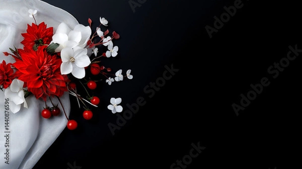 Obraz Elegant floral arrangement with red and white flowers on black  