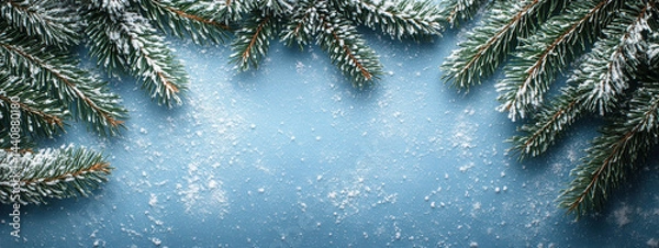 Obraz A minimalistic Christmas table layout featuring branches and snow with ample space for text, viewed from above during the festive season