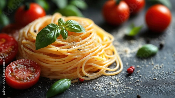 Fototapeta A minimalist top view of dry spaghetti with fresh tomatoes and basil on a clean white background with space for text