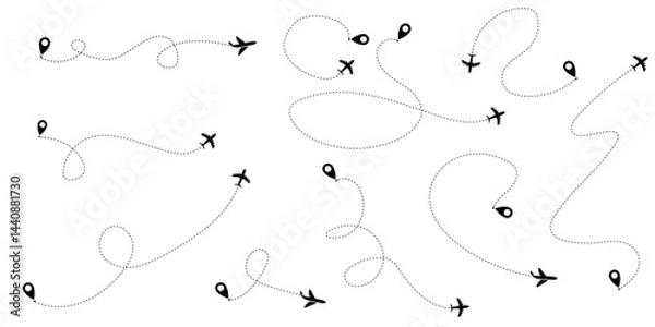Fototapeta Airplane dotted route line. Path travel line shapes. Flight route with start point and dash line trace for plane