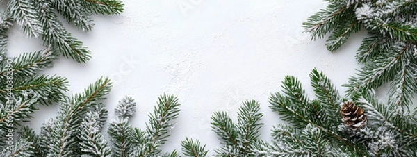 Obraz Decorative arrangement of Christmas tree branches and pinecones on a white background for winter and holiday celebrations
