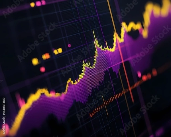 Fototapeta A close up view of a purple and yellow line graph on a dark background with grid lines visible too
