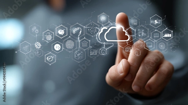 Fototapeta A dynamic scene featuring a businessman interacting with cloud computing interfaces and digital transformation tools. Generative AI