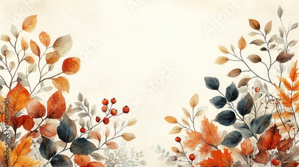 Obraz Beautiful autumn vector illustration featuring watercolor leaves and berries for elegant design and greeting cards
