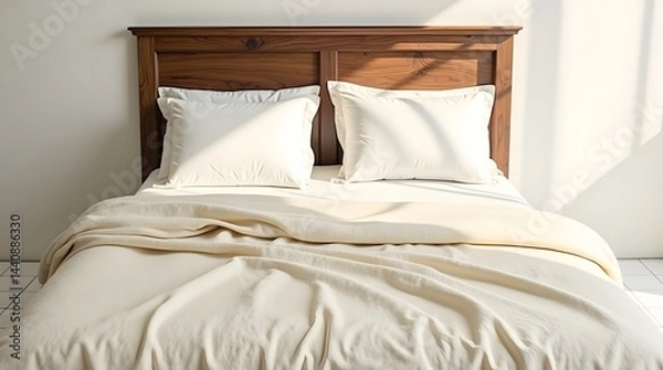 Obraz Cozy and inviting bedroom with a neatly made bed adorned with soft, cream-colored blankets and fluffy pillows.