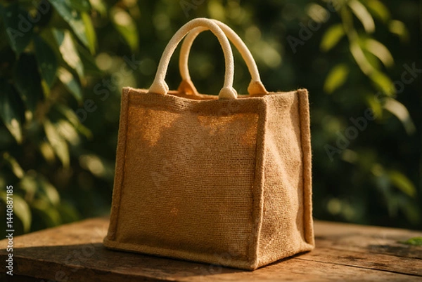 Obraz A realistic photo of a jute tote bag with visible coarse texture and cotton handles, placed on a wooden surface. Natural warm  sunlight highlights the organic and rustic vibe