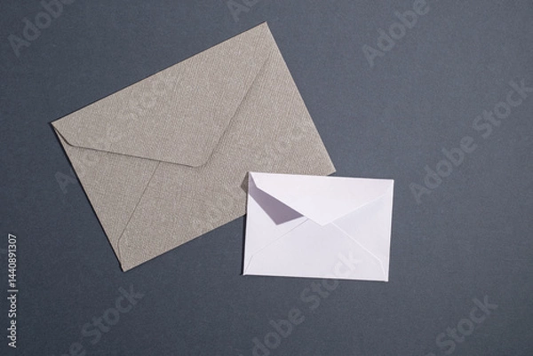 Obraz Paper envelopes on a light background. New mail, write a message. Send and receive mail. Postal delivery service. Empty envelope, empty space. Communication with people, paperwork