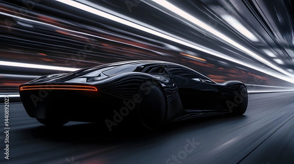 Fototapeta A futuristic concept car with a sleek aerodynamic design speeding on a futuristic road.