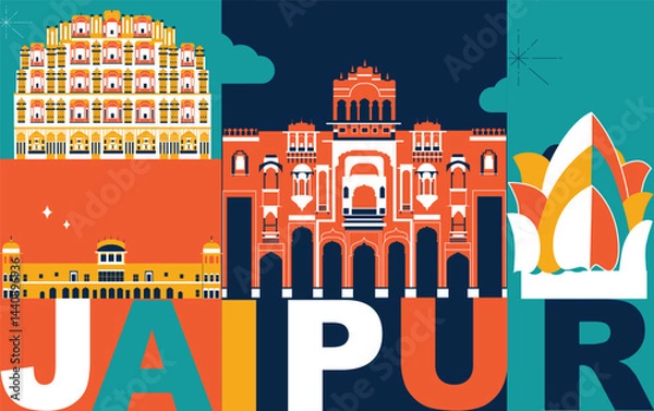 Obraz Typography word Jaipur branding technology concept. Collection of flat vector web icons. Indian culture travel set, architectures, specialties detailed silhouette. Doodle Asian famous landmarks