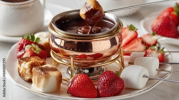 Obraz a close-up of a rich, chocolate fondue pot with fresh strawberries and marshmallows for dipping on a white isolated background, decadent and fun design