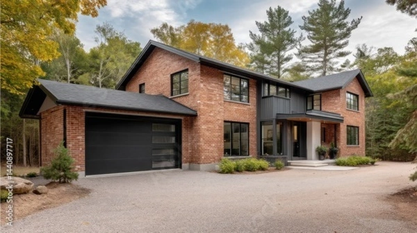 Fototapeta This spacious brick home showcases contemporary design, complete with a stylish black garage, set against a backdrop of lush trees. A serene retreat in a peaceful environment awaits