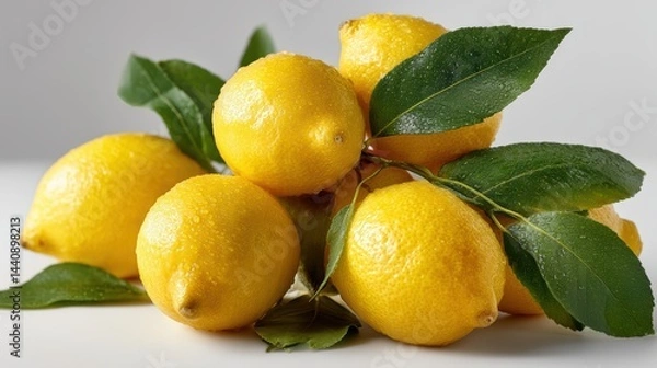 Fototapeta a fresh bunch of yellow lemons with a glossy surface on a white isolated background, tangy and fresh design