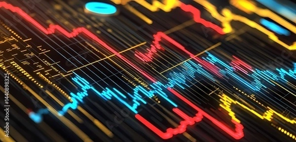 Obraz Abstract financial graph with red and blue lines on a dark background showing market trends