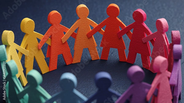 Fototapeta Colorful Paper Chain Dolls Holding Hands in a Circular Formation  