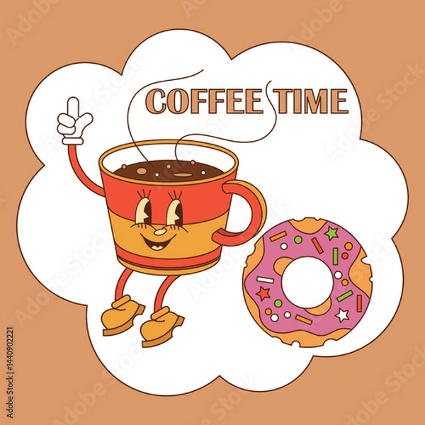 Fototapeta Cup of coffee in cartoon groovy style and donut. Above is the inscription - Coffee time. Retro palette. Vector illustration