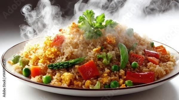Obraz a steaming plate of crispy fried rice with vegetables on a white isolated background, savory and flavorful design