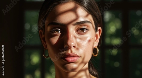 Fototapeta Young woman displaying calm expression in soft natural light  