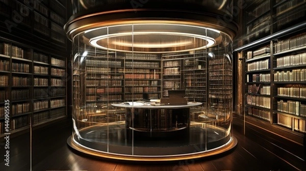 Obraz Glass-enclosed library study pod surrounded by open stacks of books