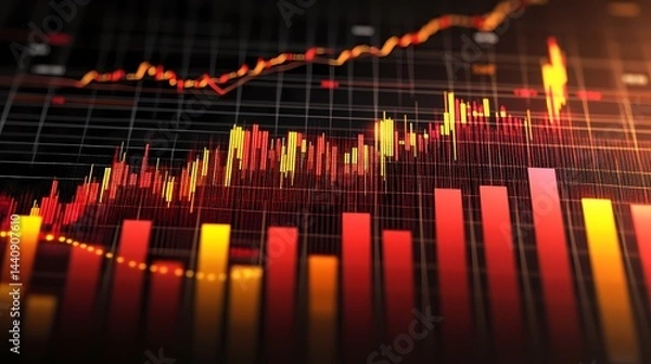 Fototapeta A detailed view of a financial chart with red and yellow bars and a line graph on a grid background