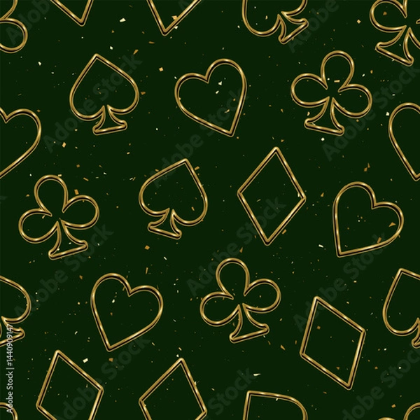 Fototapeta Seamless pattern with randomly scattered card suits icons on dark green textured background. Golden contour outline symbols of hearts, clubs, spades, diamonds. Luxury style. Gambling, casino theme
