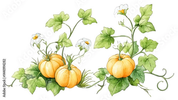 Fototapeta Watercolor pumpkins with leaves and blossoms create a festive border design.