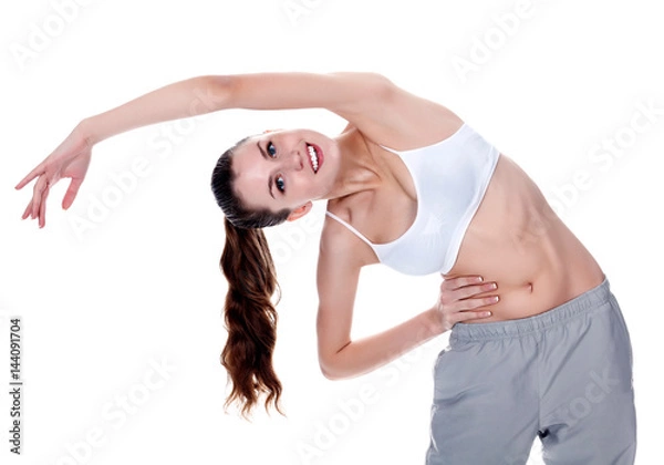 Obraz Woman doing stretching, isolated on white background