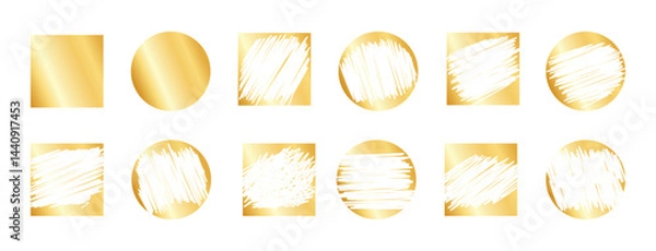 Obraz Card lottery scratch on golden shiny badges - gritty speckled spotted halftone round icons. Damaged stained aged border peeling frames. Monochrome faded weathered surface badge designs.