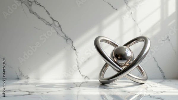 Fototapeta This is a modern sculpture of an atom with a marble background.