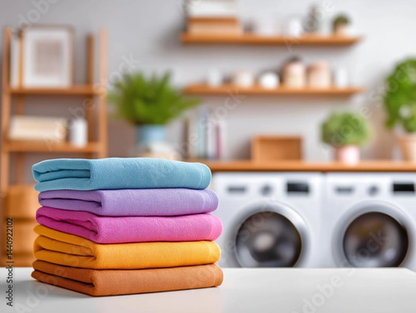 Fototapeta Colorful towels on a white surface in the foreground, blurred background with two modern front-loading washing machines 