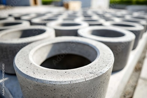 Obraz Close-up, rows of hollow concrete cylinders, industrial production of cement rings.