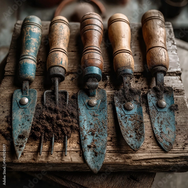 Obraz Gardening tools with soil on wooden background, rustic style, gardening essentials, 