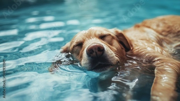 Obraz Adorable Labrador Retriever Resting Peacefully in Pool Water. Summer Relax During Vacation In Sunny Day