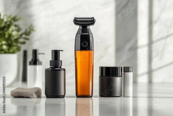 Fototapeta Modern men's grooming products set on a bathroom counter with natural light.